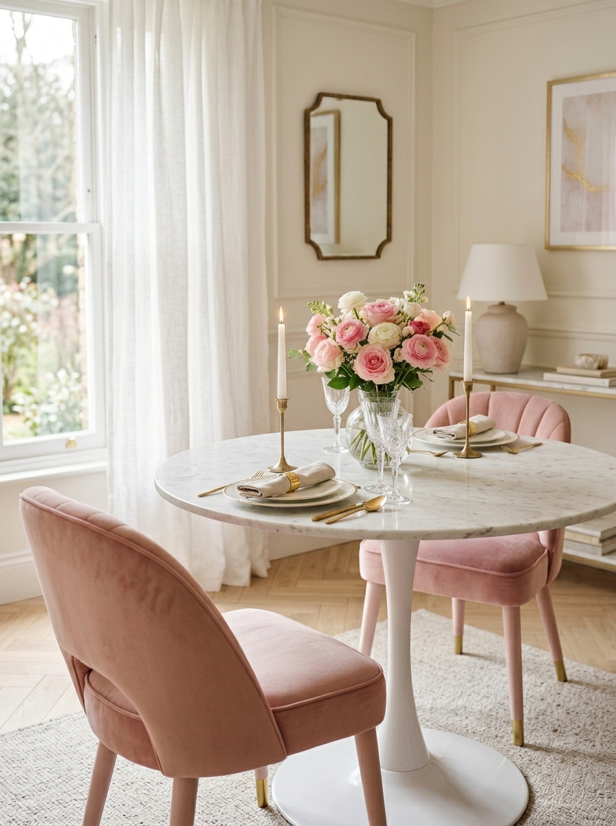 Romantic Round Table with Blush Velvet Chairs