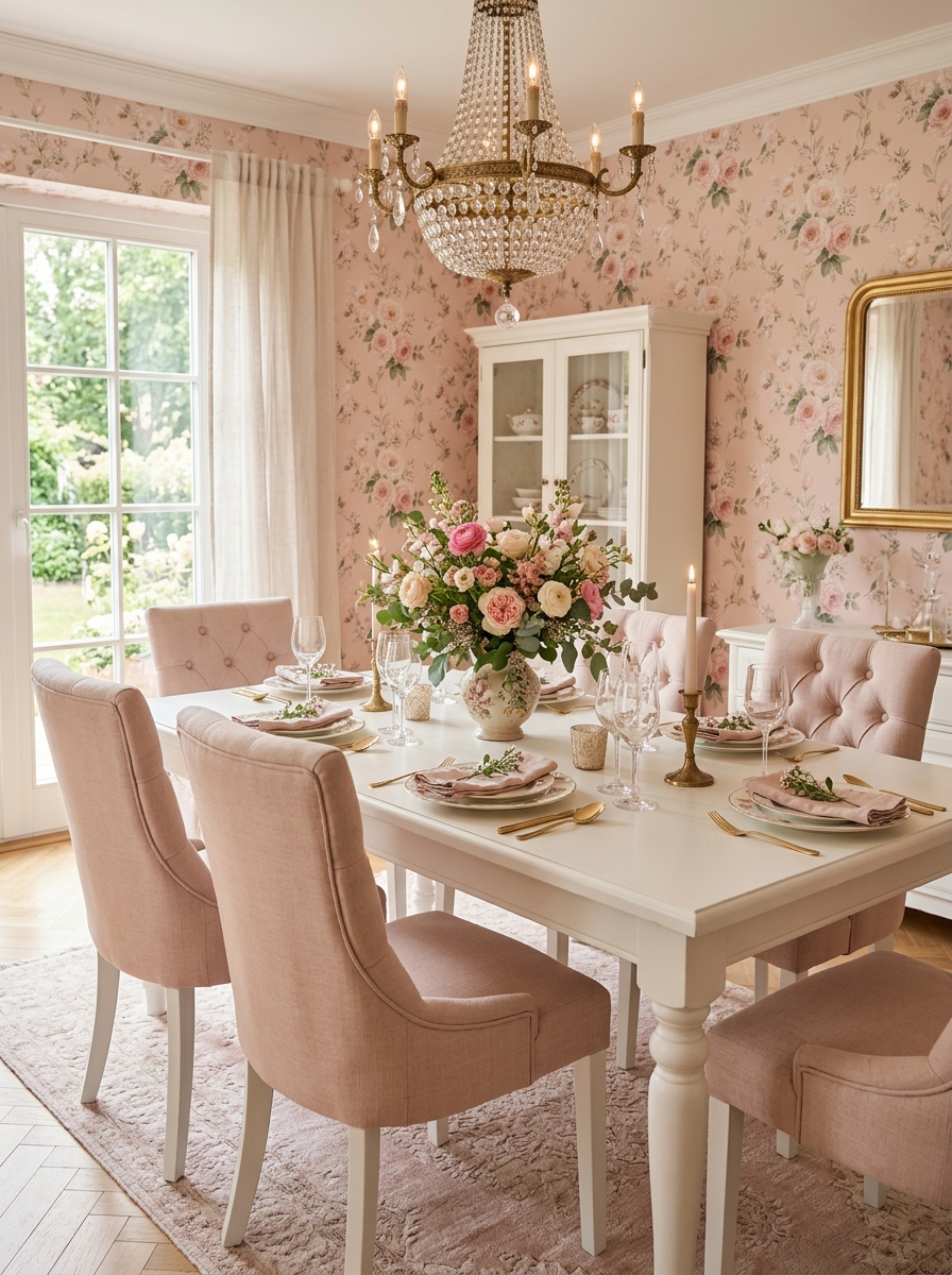 Floral-Inspired Dining Room with Romantic Wall Details