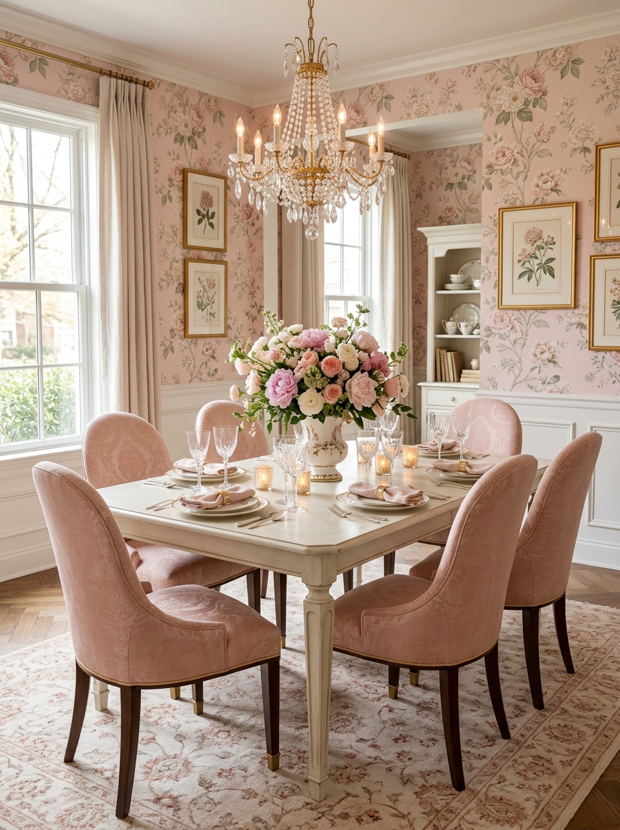 Floral-Inspired Dining Room with Romantic Wall Details