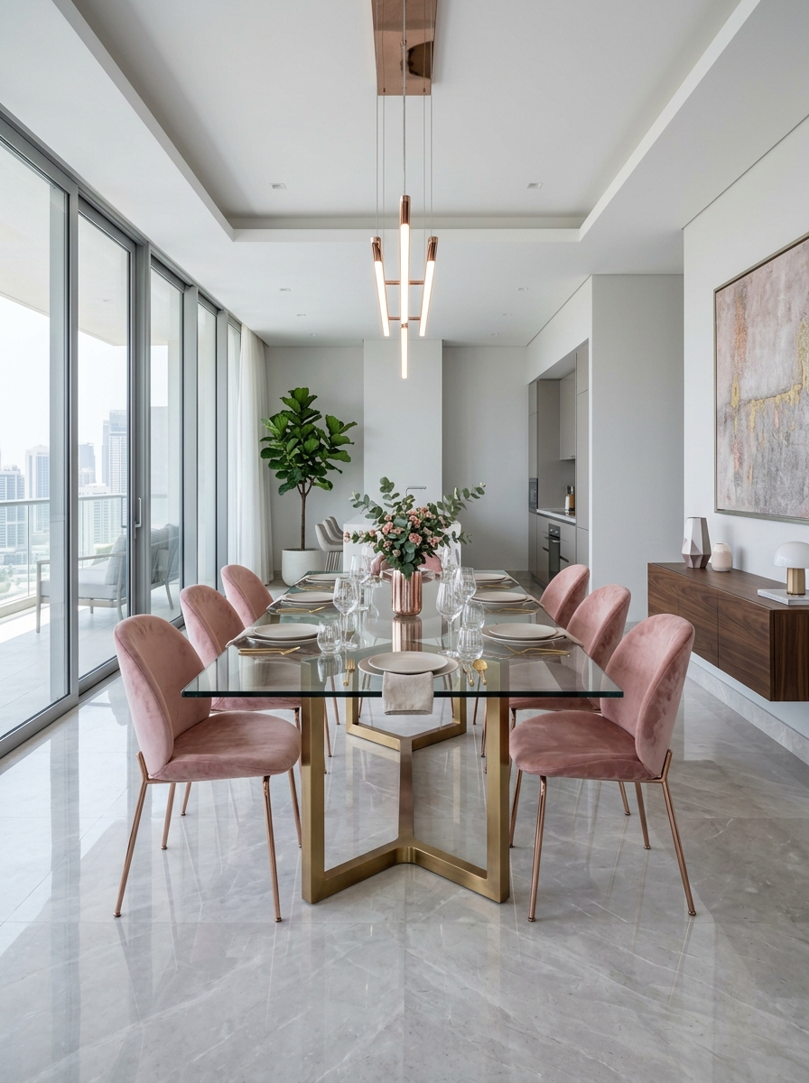 Contemporary Glass Dining with Pink Highlights