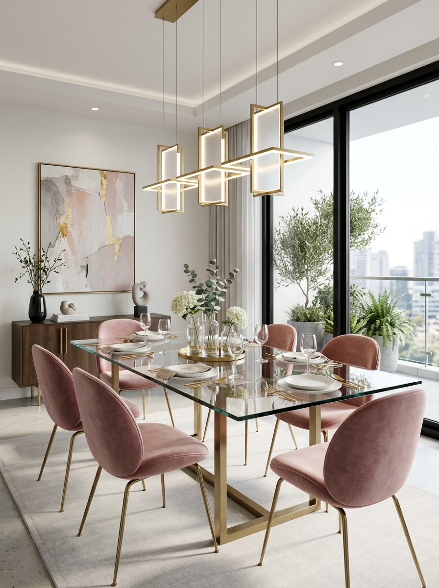 Contemporary Glass Dining with Pink Highlights