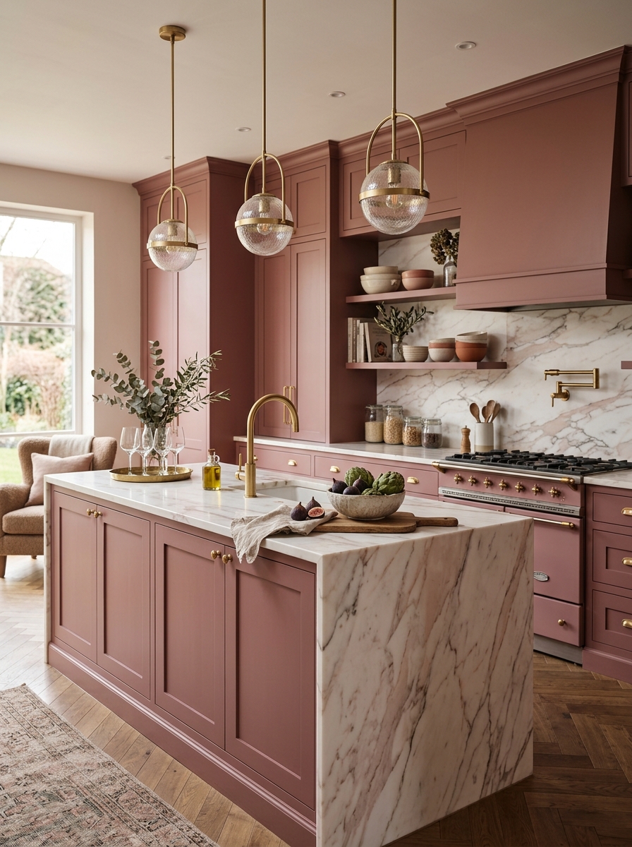 Dusty Rose Kitchen with Marble Elegance