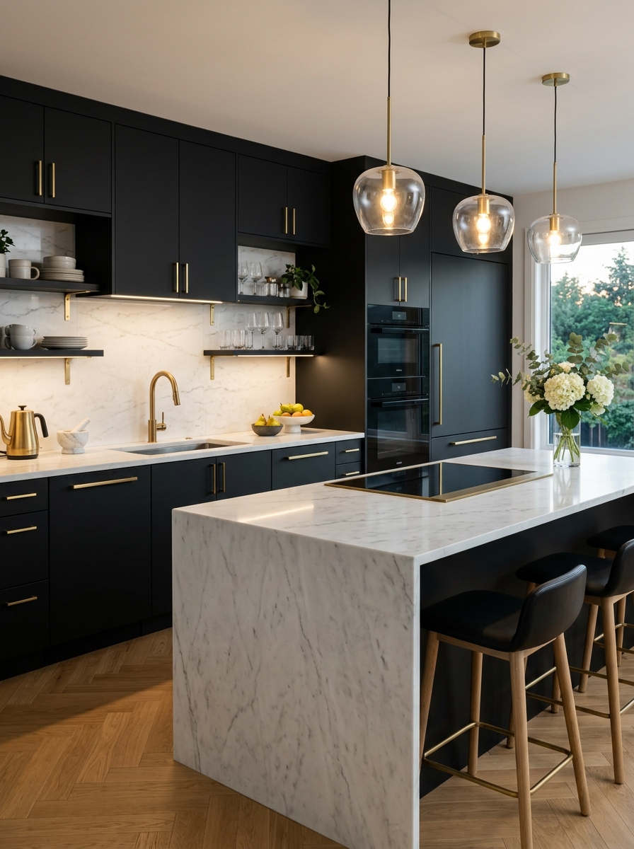Black and White Kitchen with Subtle Gold Accents