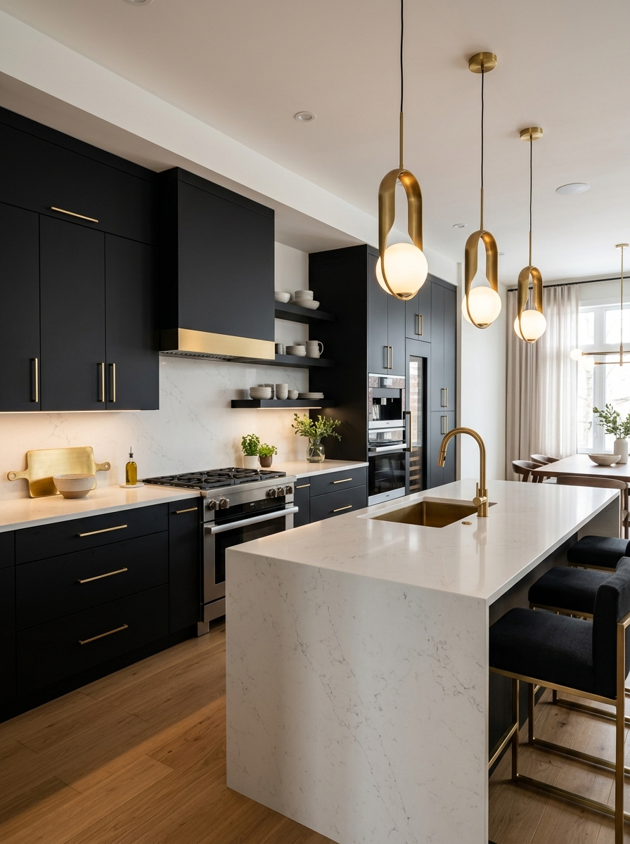 Black and White Kitchen with Subtle Gold Accents