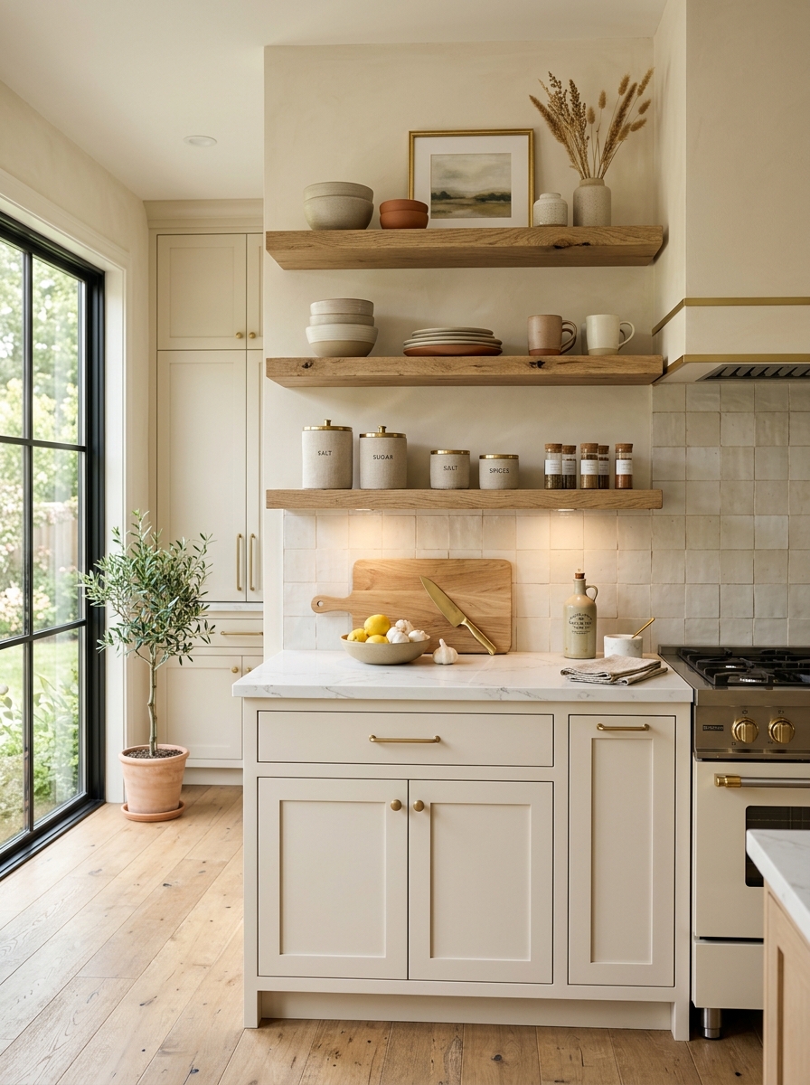Creamy Neutral Kitchen with Rustic Shelves and Gold Accents