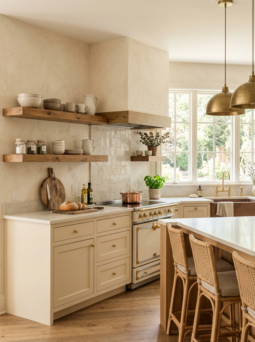 Creamy Neutral Kitchen with Rustic Shelves and Gold Accents