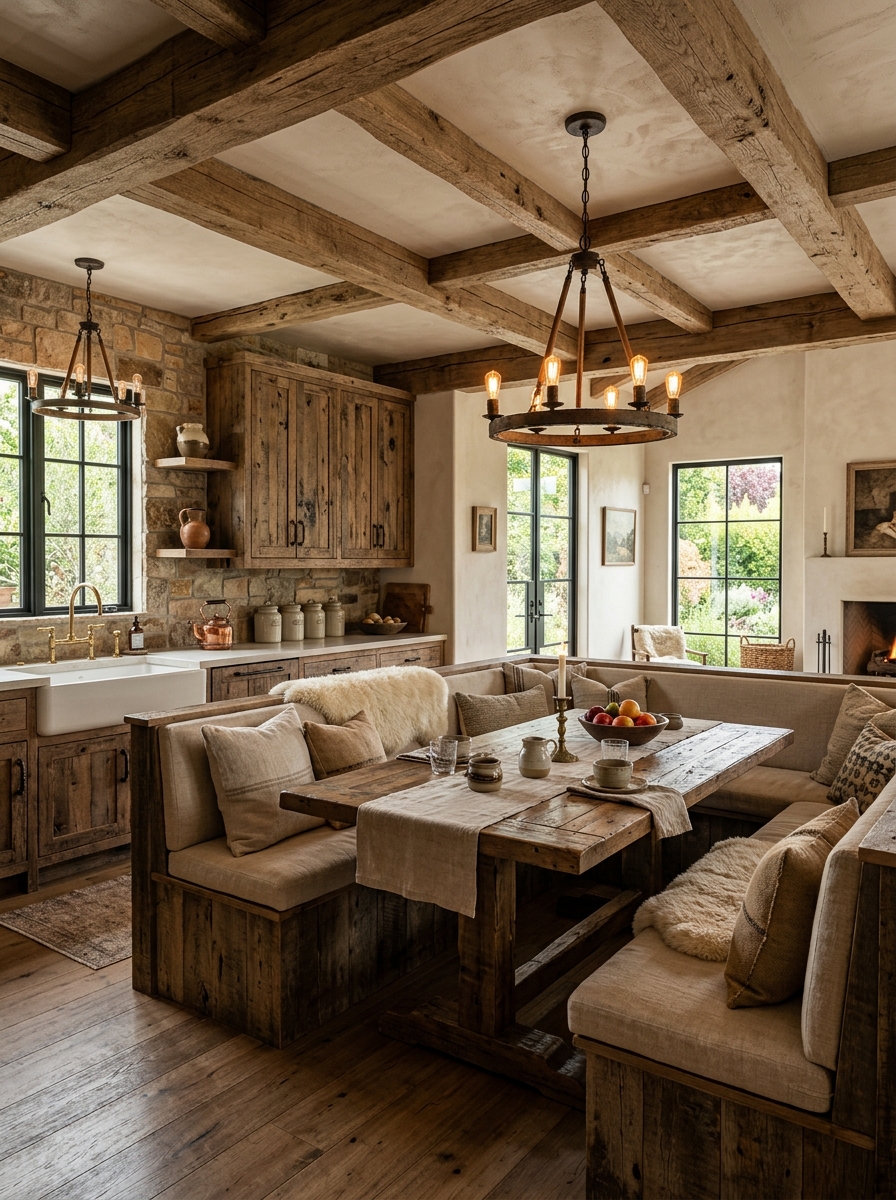 Rustic Wood Beam Kitchen with U-Shaped Bench Seating