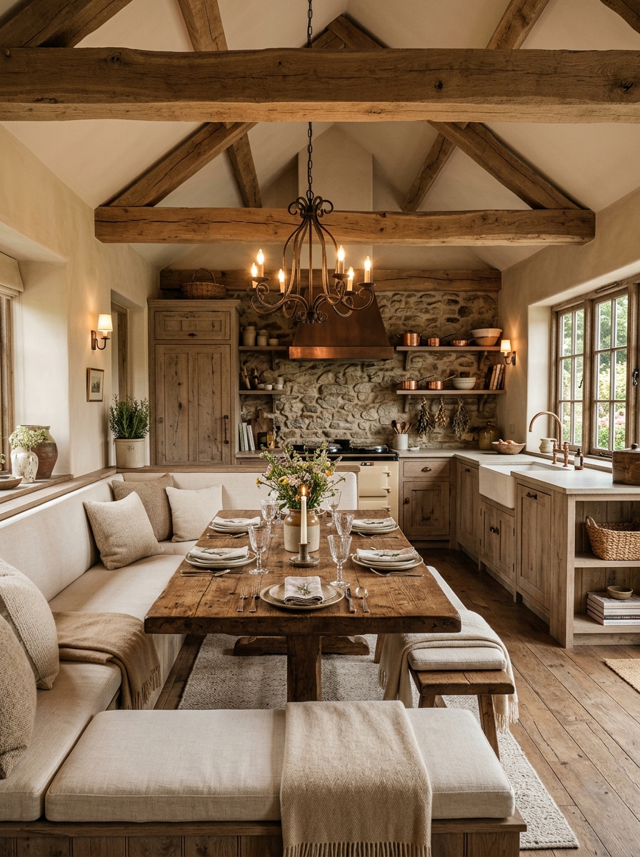 Rustic Wood Beam Kitchen with U-Shaped Bench Seating