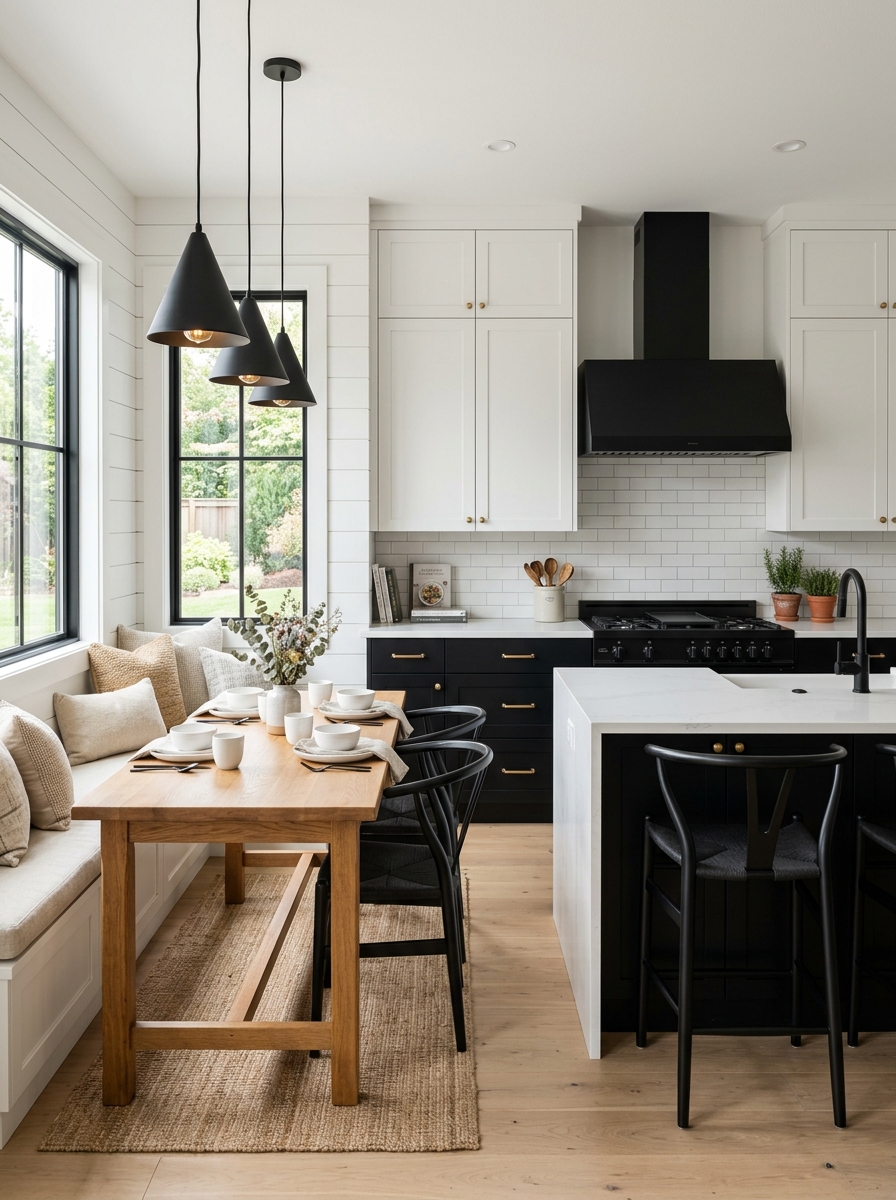 Black and White Modern Farmhouse Kitchen with Statement Bench Seating