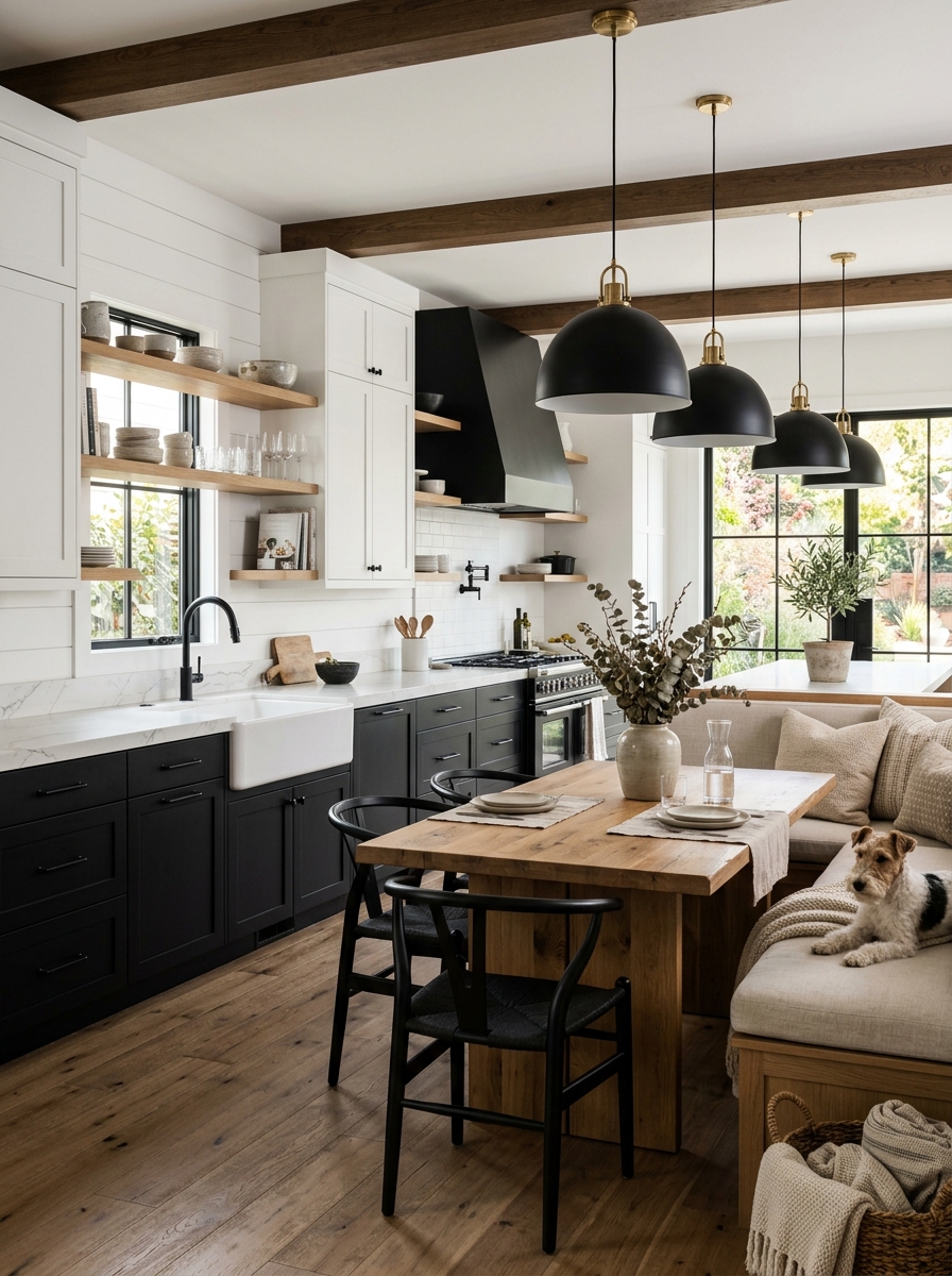 Black and White Modern Farmhouse Kitchen with Statement Bench Seating