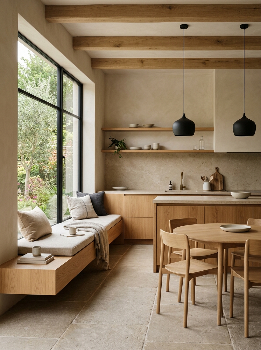 Warm Minimalist Farmhouse Kitchen with Floating Bench Design