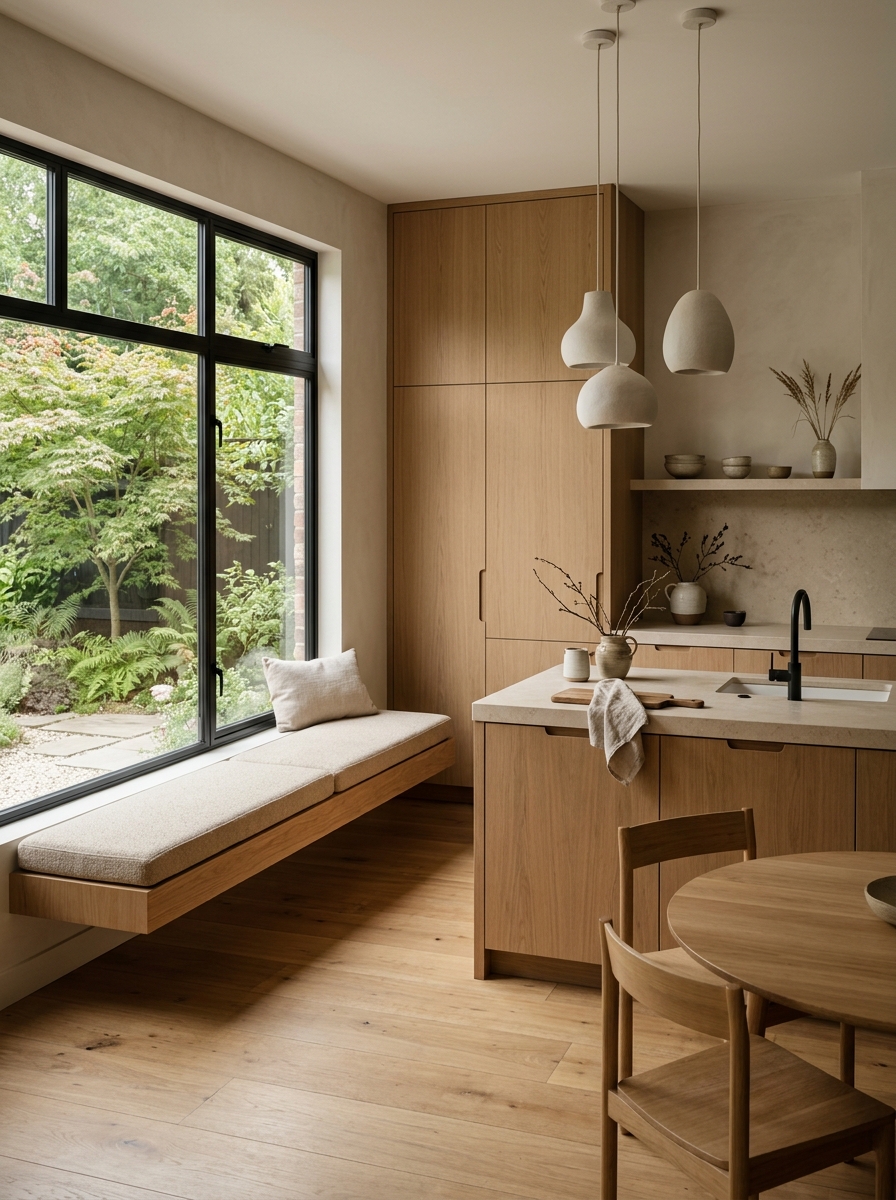 Warm Minimalist Farmhouse Kitchen with Floating Bench Design