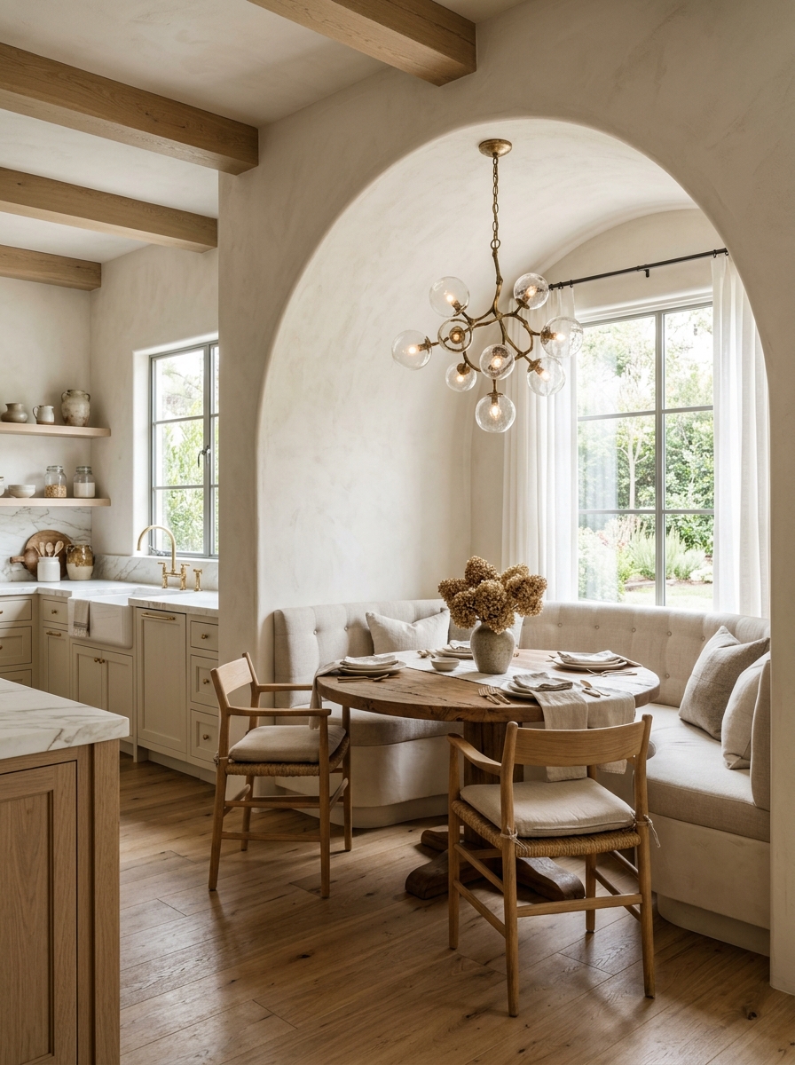Farmhouse Kitchen with Arched Nook and Curved Bench Seating