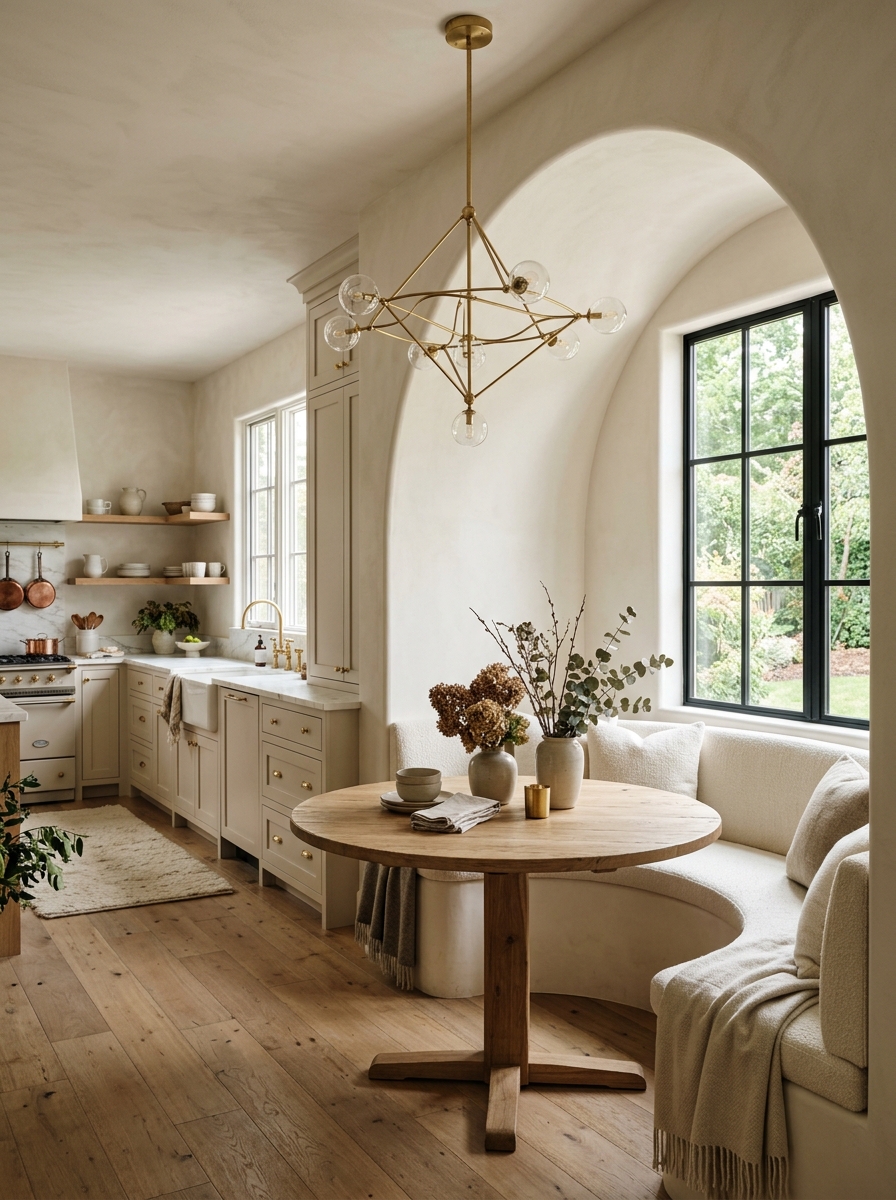 Farmhouse Kitchen with Arched Nook and Curved Bench Seating