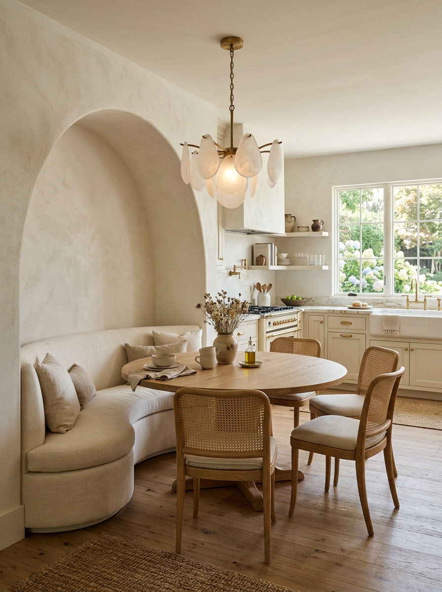 Farmhouse Kitchen with Arched Nook and Curved Bench Seating