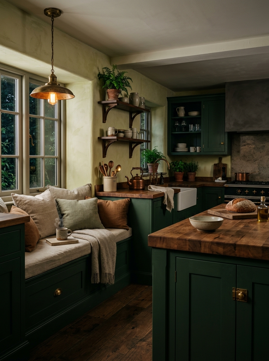 Moody Farmhouse Kitchen with Dark Green Cabinets and Cozy Bench Nook