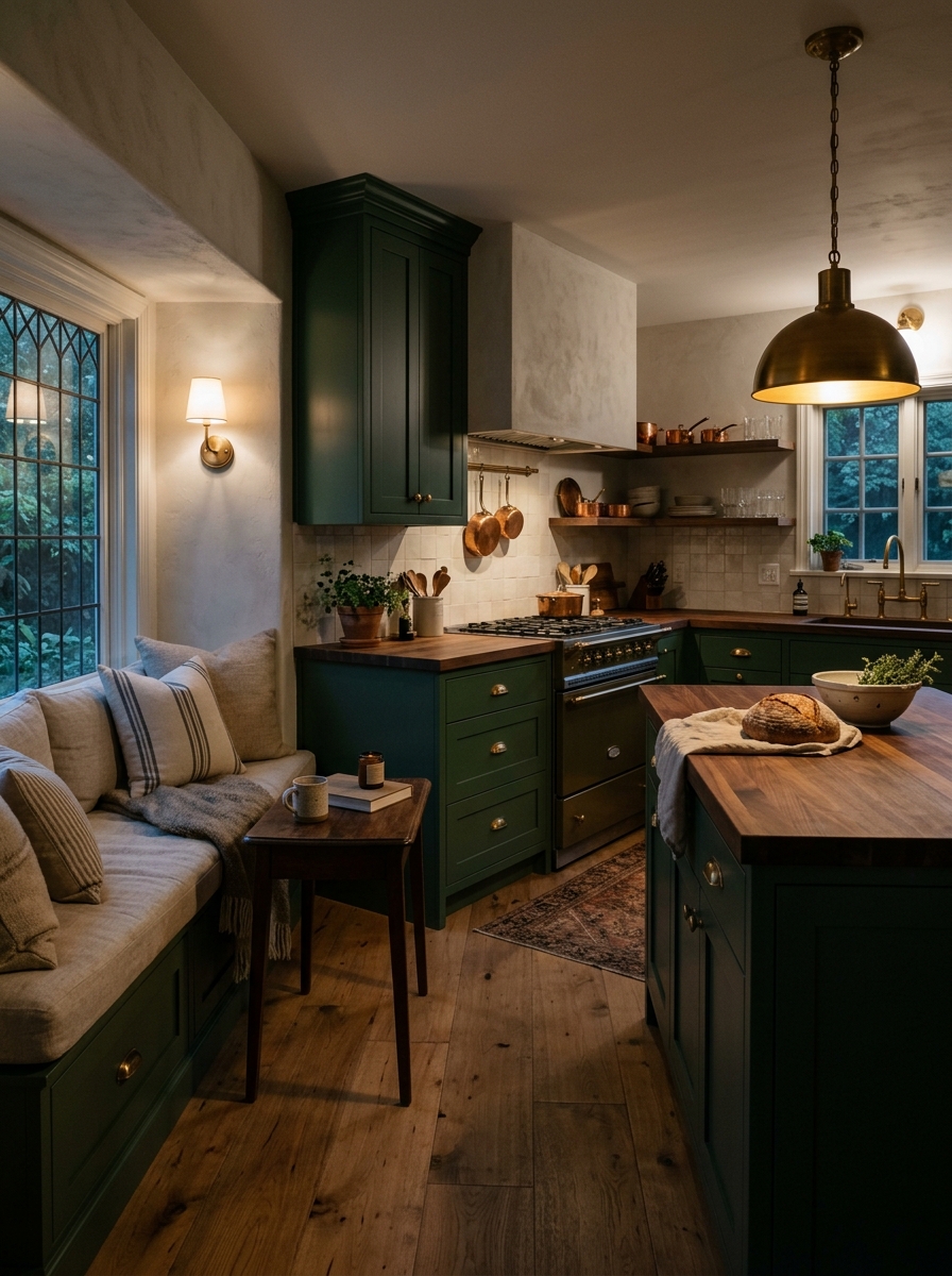 Moody Farmhouse Kitchen with Dark Green Cabinets and Cozy Bench Nook
