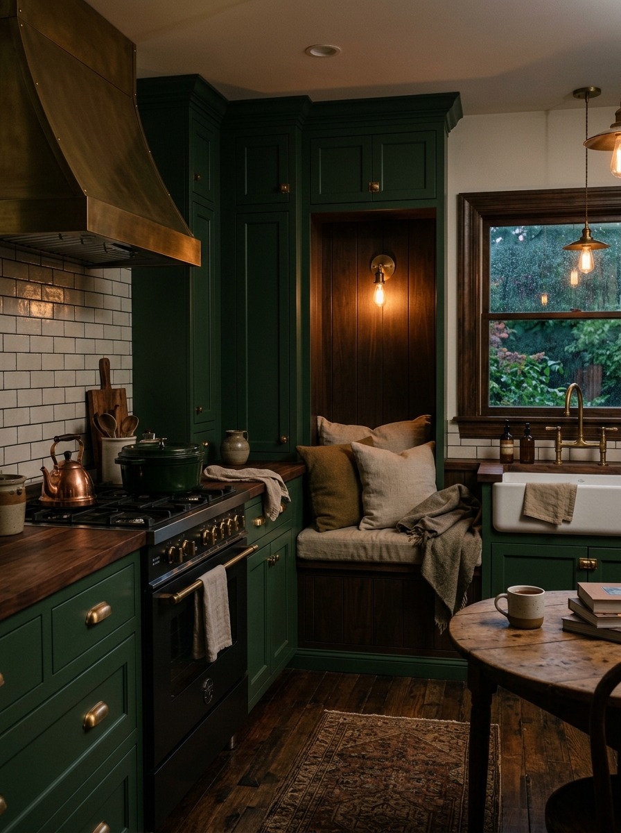 Moody Farmhouse Kitchen with Dark Green Cabinets and Cozy Bench Nook