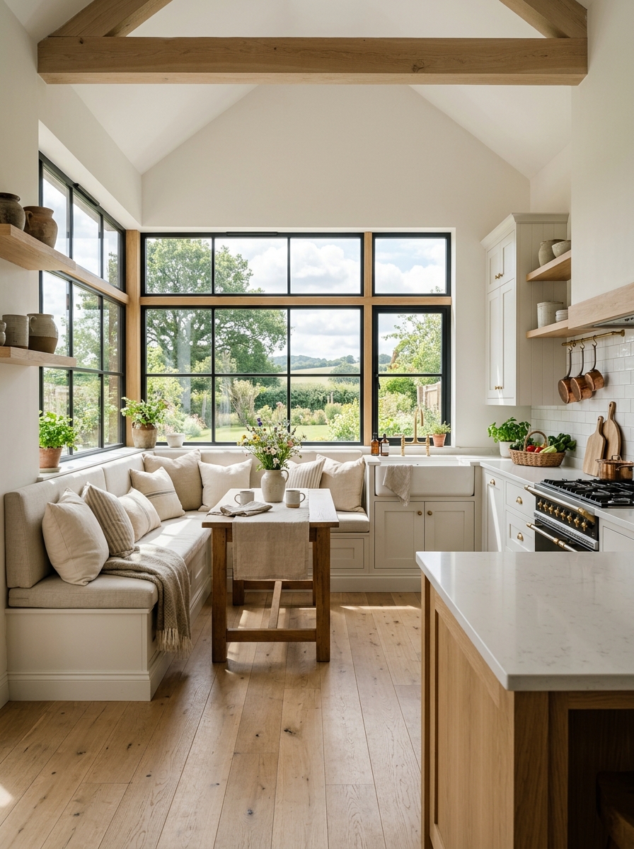 Open Farmhouse Kitchen with Window-Wrap Bench Seating