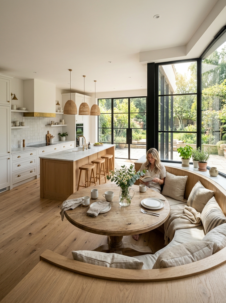 Open Farmhouse Kitchen with Window-Wrap Bench Seating