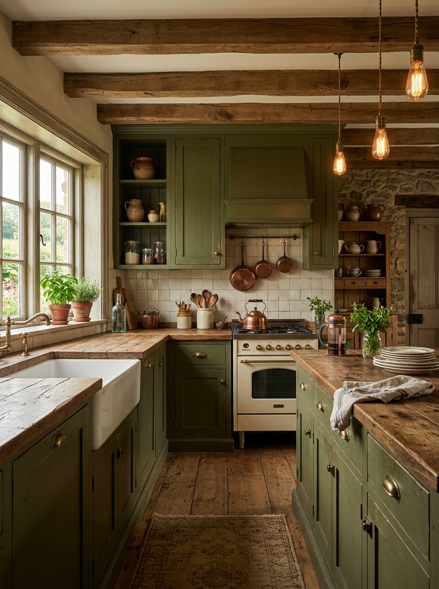 Green Olive Vintage Farmhouse Retro Kitchen