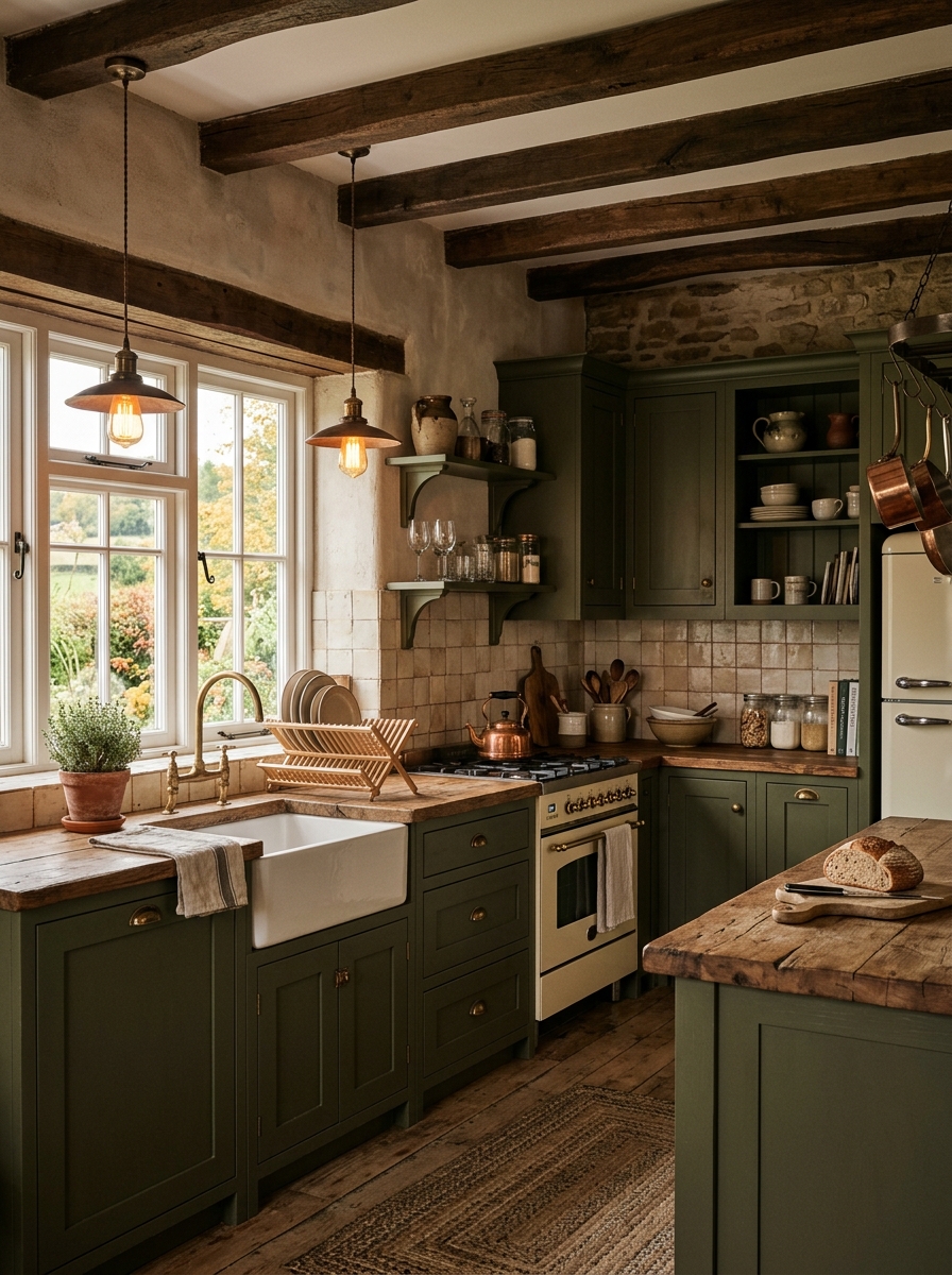 Green Olive Vintage Farmhouse Retro Kitchen