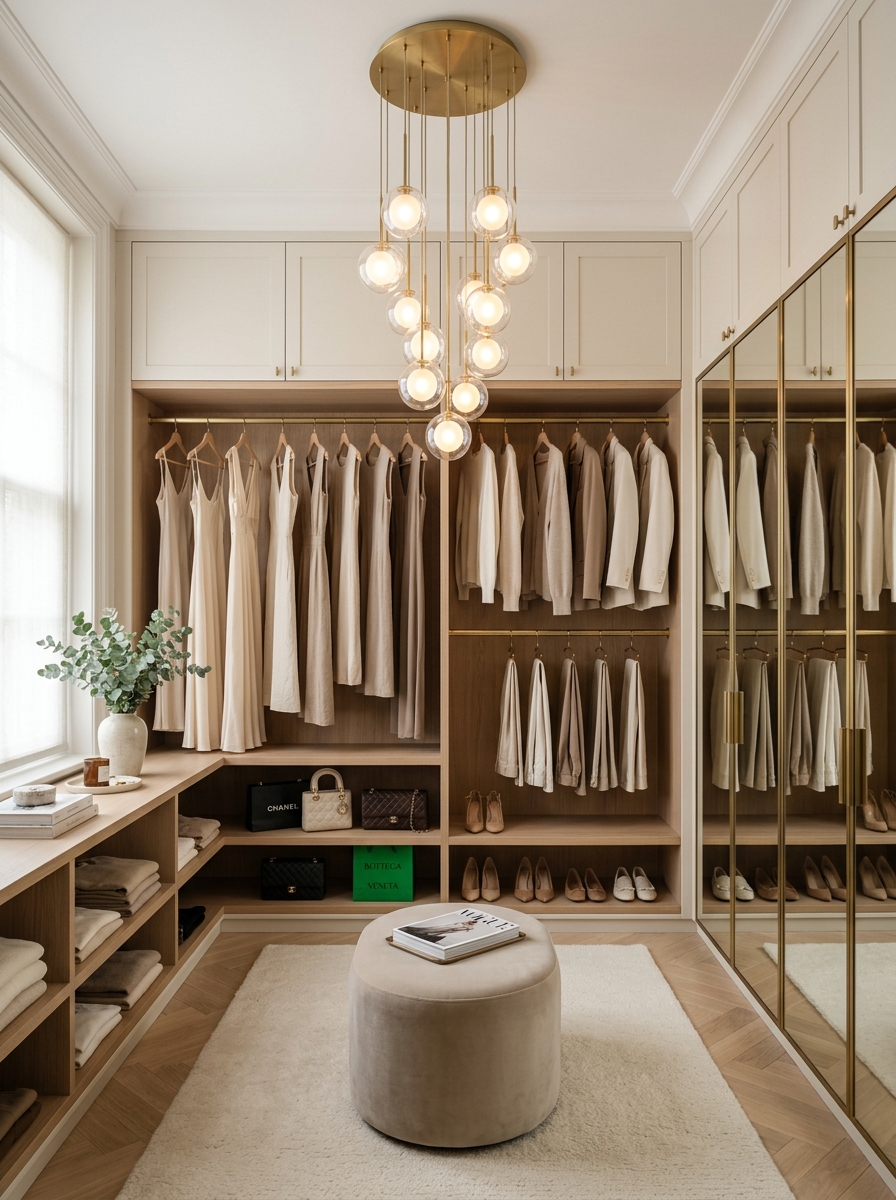 Soft Feminine Walk-In Closet with Statement Lighting Feature