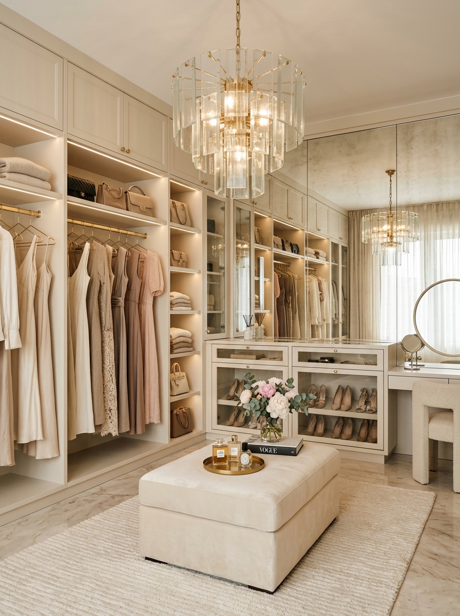 Soft Feminine Walk-In Closet with Statement Lighting Feature