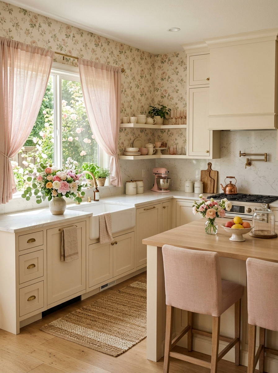 Floral-Inspired Kitchen with Soft Color Layers