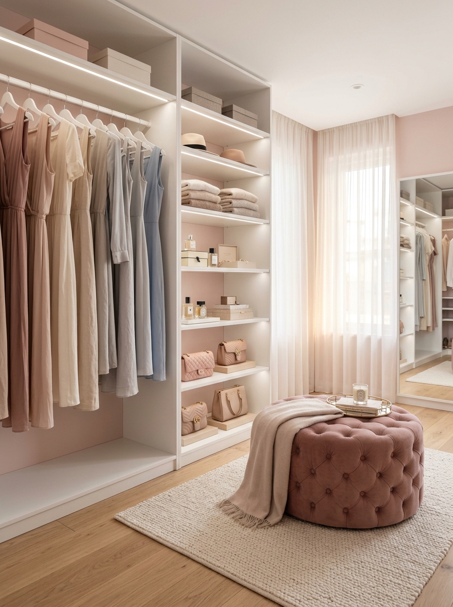 Soft Blush & White Minimalist Open Wardrobe