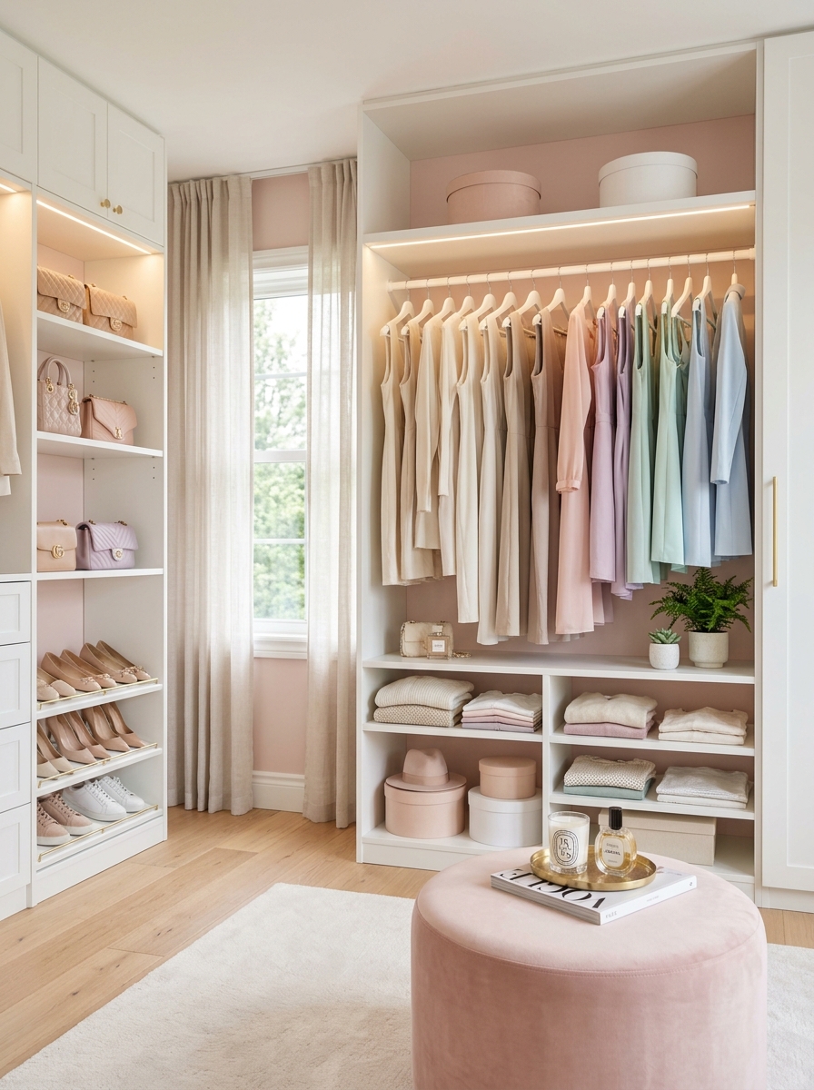Soft Blush & White Minimalist Open Wardrobe