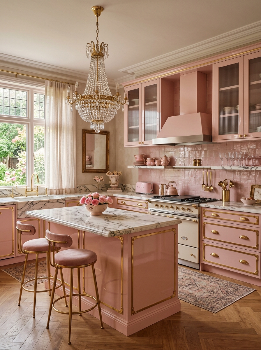 Pink Retro Glam Kitchen with Gold Accents