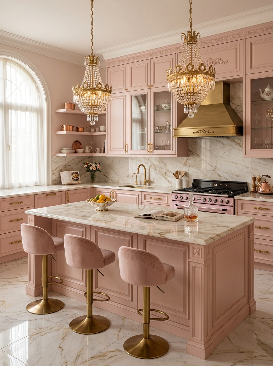 Pink Retro Glam Kitchen with Gold Accents