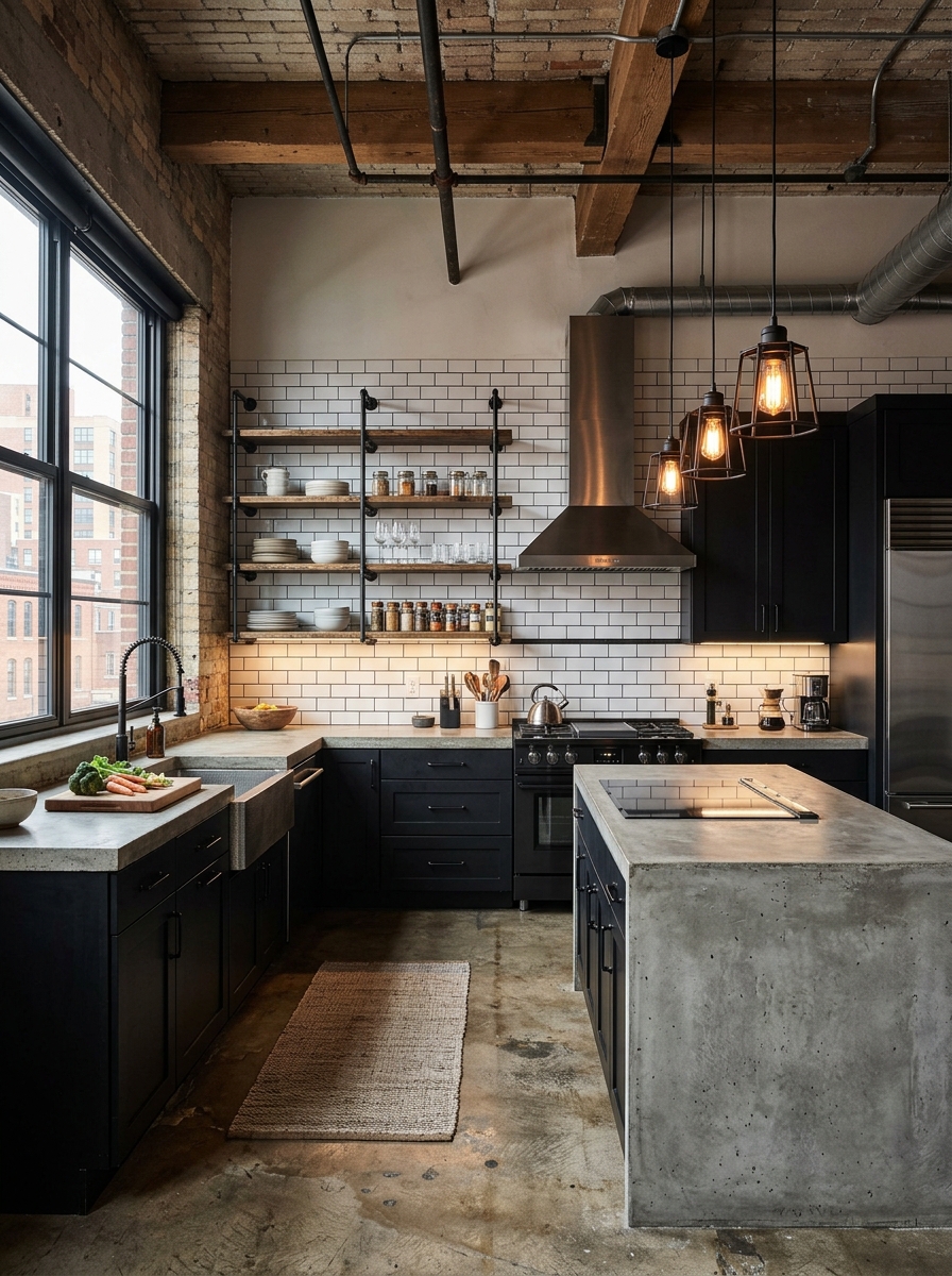 Industrial Black and White Kitchen with Metal Accents