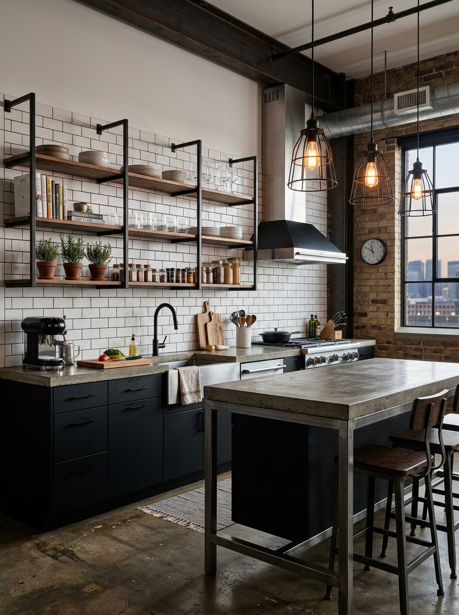 Industrial Black and White Kitchen with Metal Accents