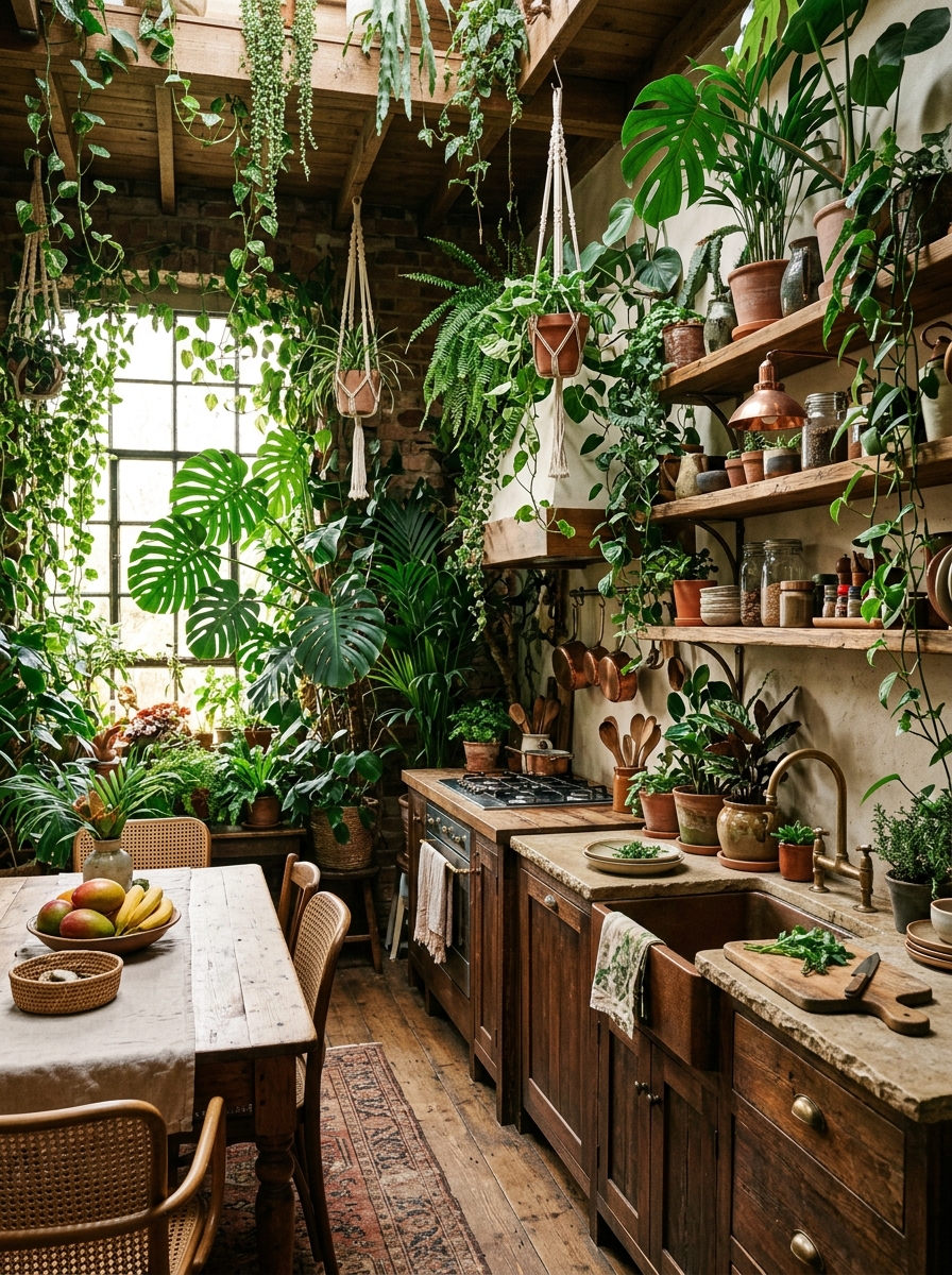 Jungle-Inspired Boho Kitchen with Lush Greenery