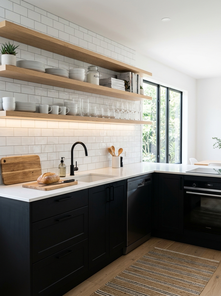 High-Contrast Black Cabinets with White Open Shelving