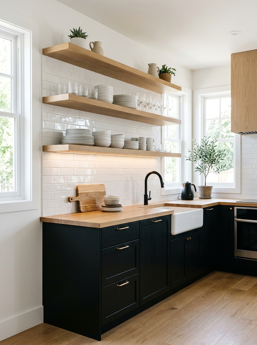 High-Contrast Black Cabinets with White Open Shelving