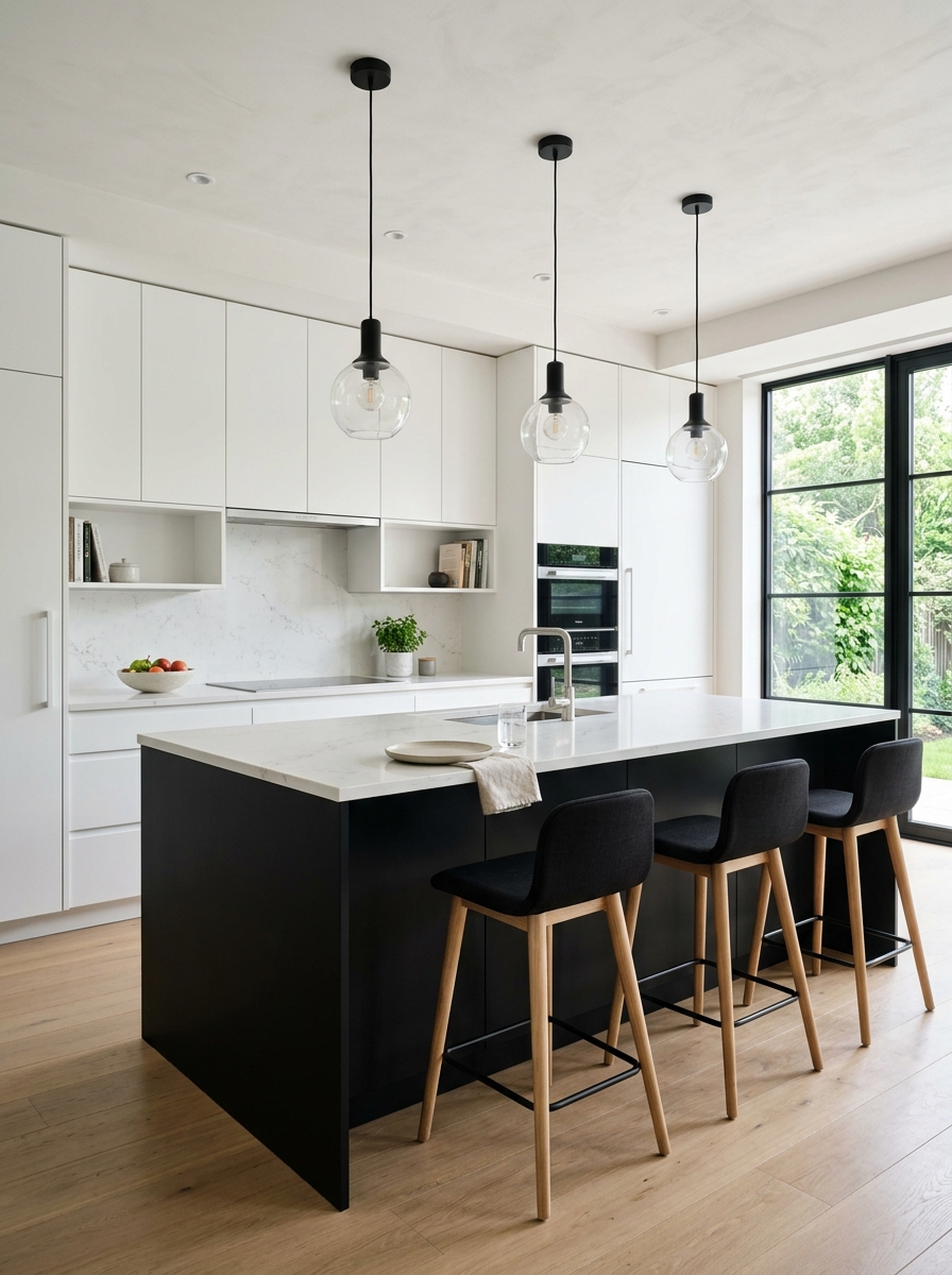 Black Kitchen Island with White Perimeter Cabinets