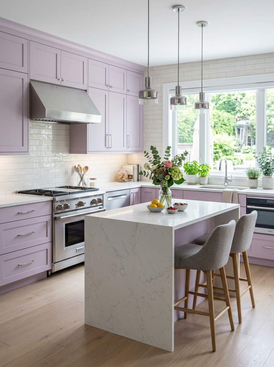 Soft Lilac Cabinets with Silver Accents