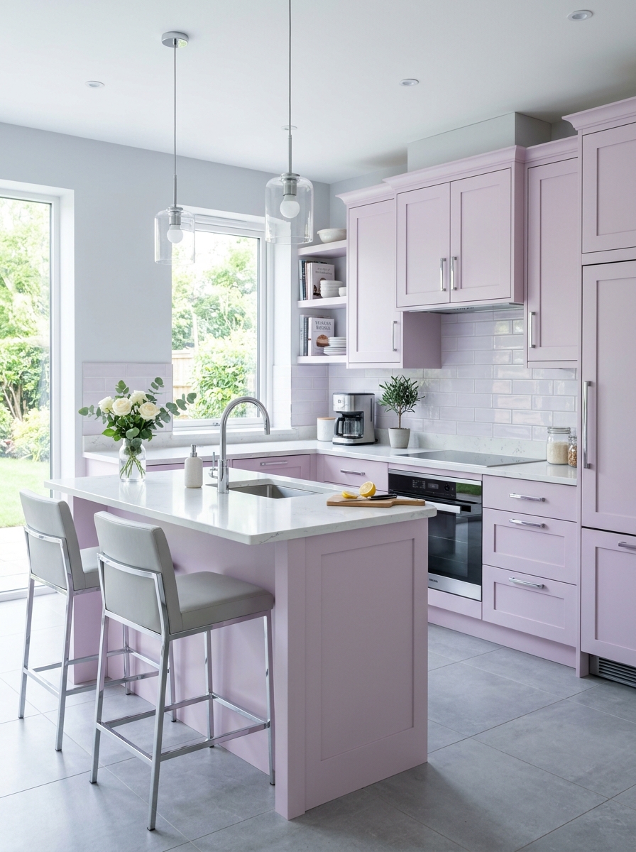 Soft Lilac Cabinets with Silver Accents