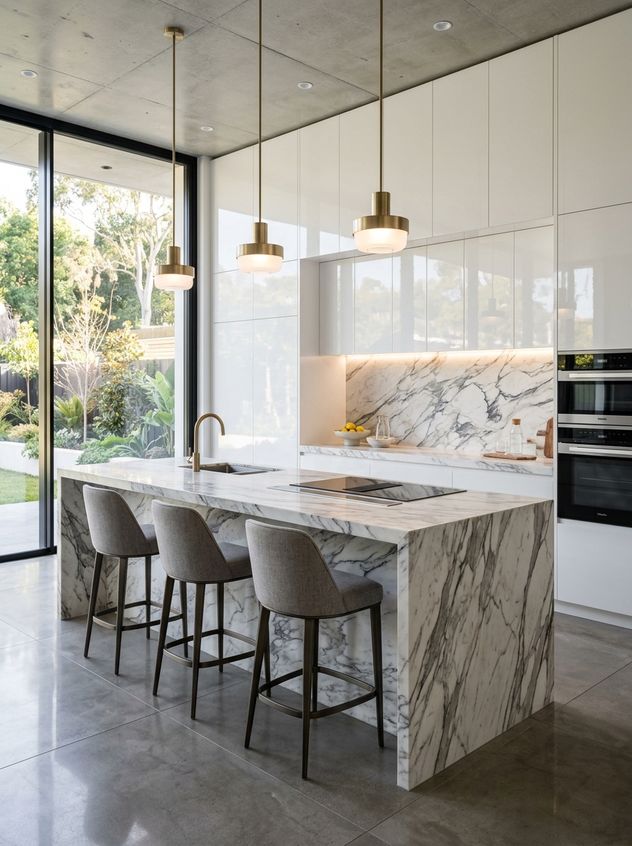 Glossy White Cabinets with Marble Elegance