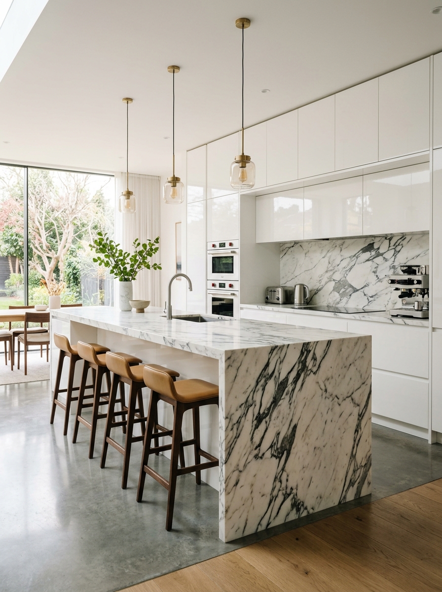 Glossy White Cabinets with Marble Elegance