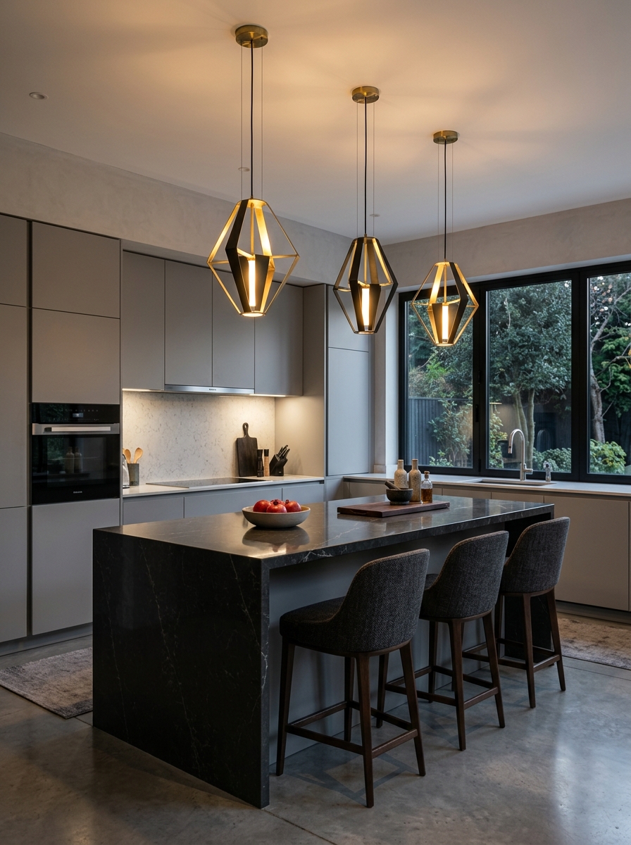 Sleek Cabinets with Statement Lighting Focus