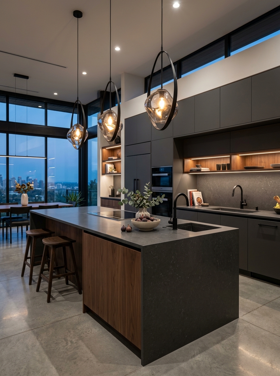 Sleek Cabinets with Statement Lighting Focus
