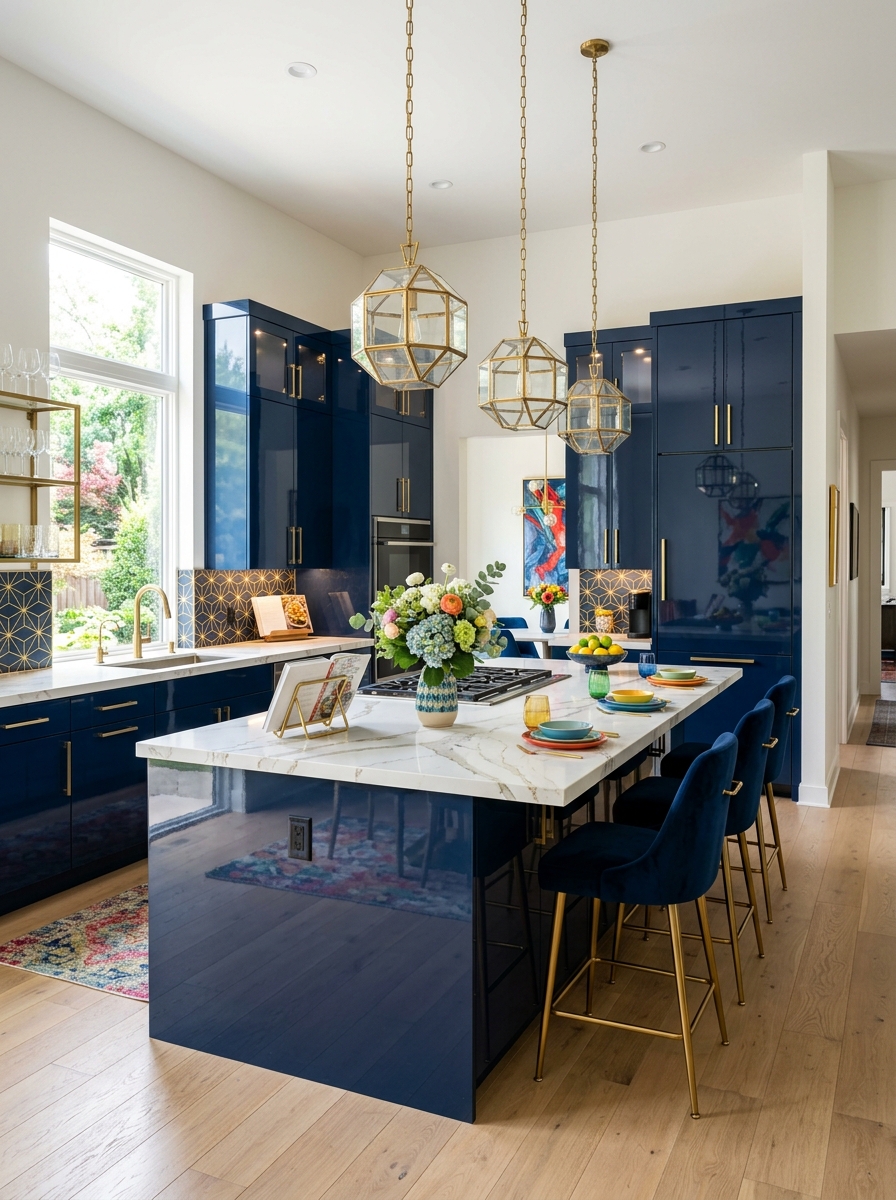 High-Gloss Cabinets with Bold Color Accents