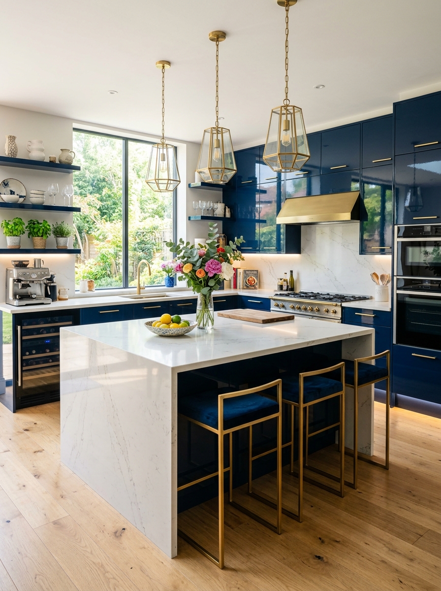 High-Gloss Cabinets with Bold Color Accents
