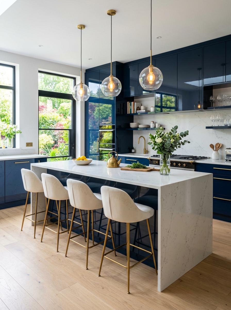 High-Gloss Cabinets with Bold Color Accents