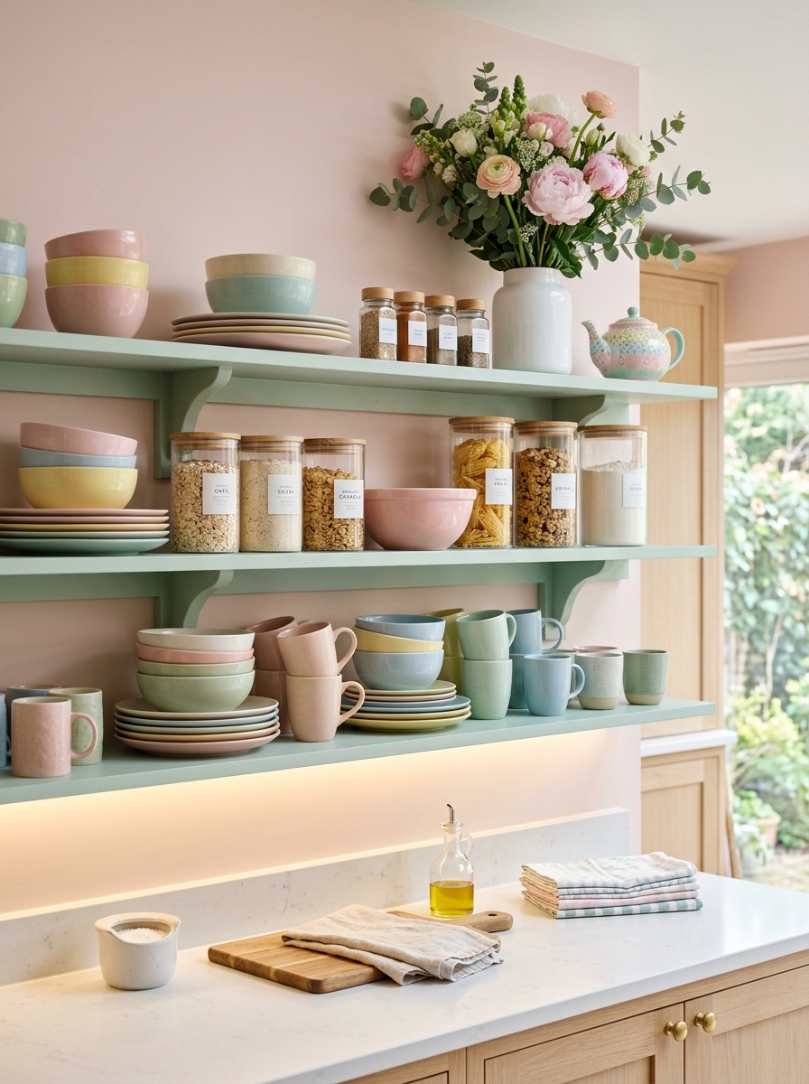 Pastel Open Shelving with Styled Displays
