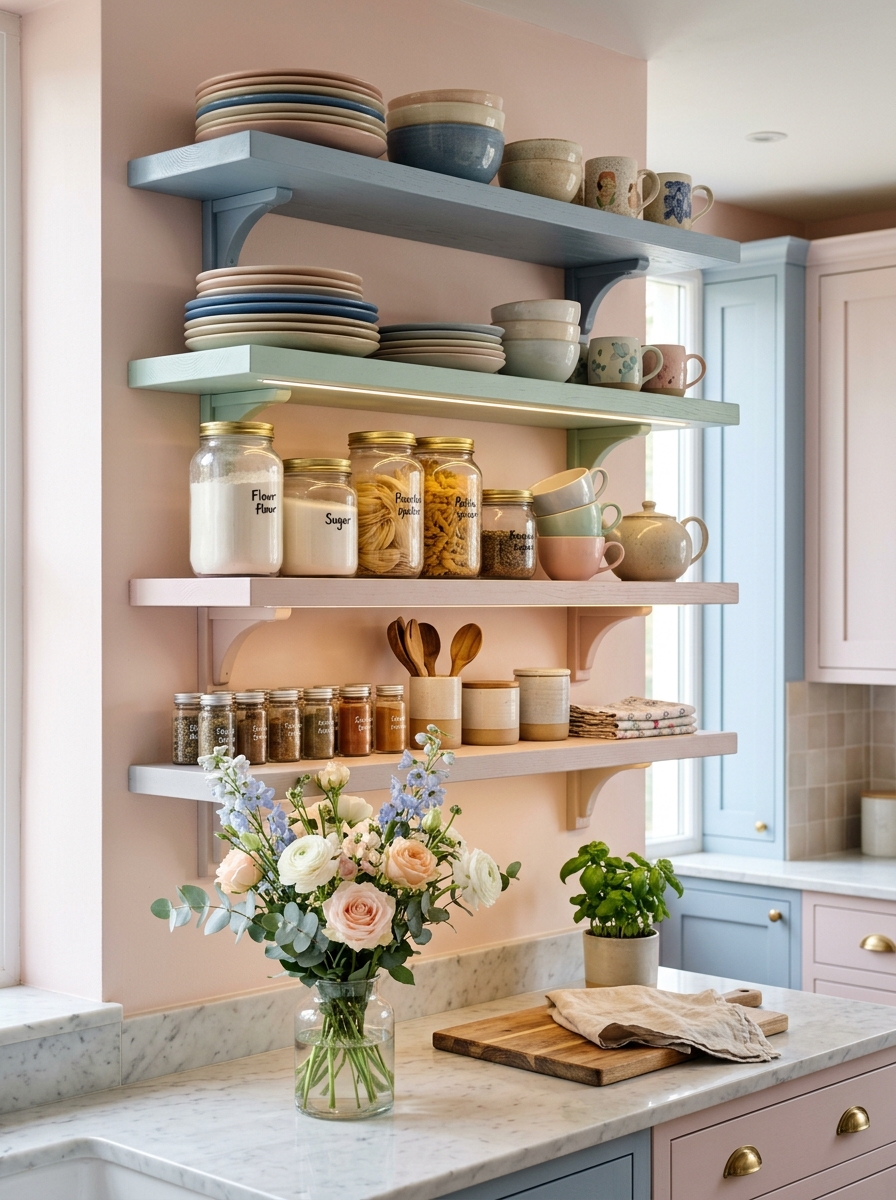 Pastel Open Shelving with Styled Displays